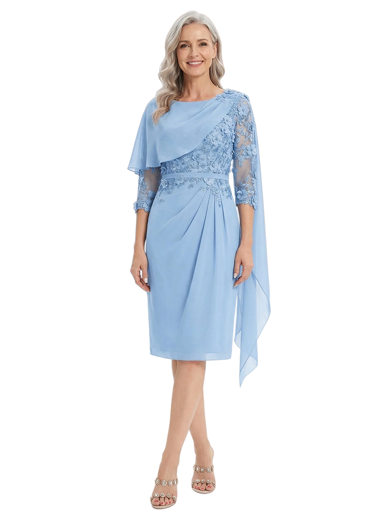 ChicSew Jewel 3/4 Sleeves Sheath Chiffon Knee-Length Lace Mother Of The Bride Dress