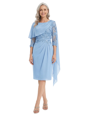 ChicSew Jewel 3/4 Sleeves Sheath Chiffon Knee-Length Lace Mother Of The Bride Dress