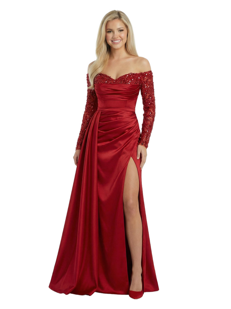 ChicSew Classy Long Sleeves Prom Dress Sequin Satin Mermaid Floor Length Formal Evening Gown