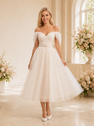 ChicSew Elegant A-line Off The Shoulder Glitter Tulle Midi Wedding Dresses Open Back