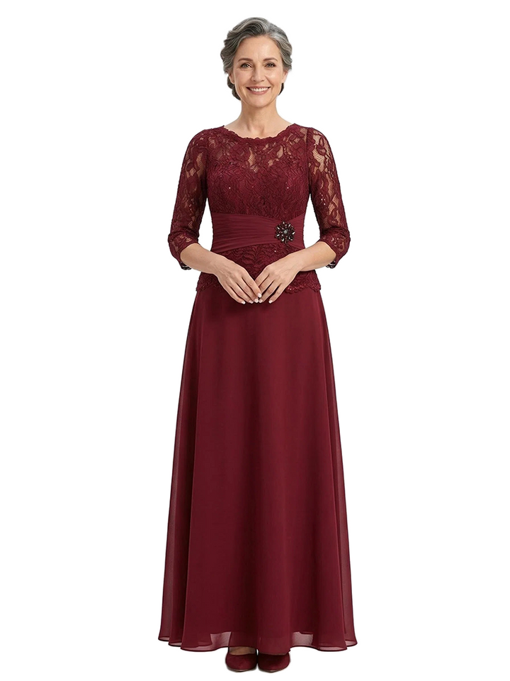 ChicSew Jewel 3/4 Sleeve Lace Bodice Rhinestone Waist Floor Length Chiffon Formal Mother Of The Bride And Groom Dresses