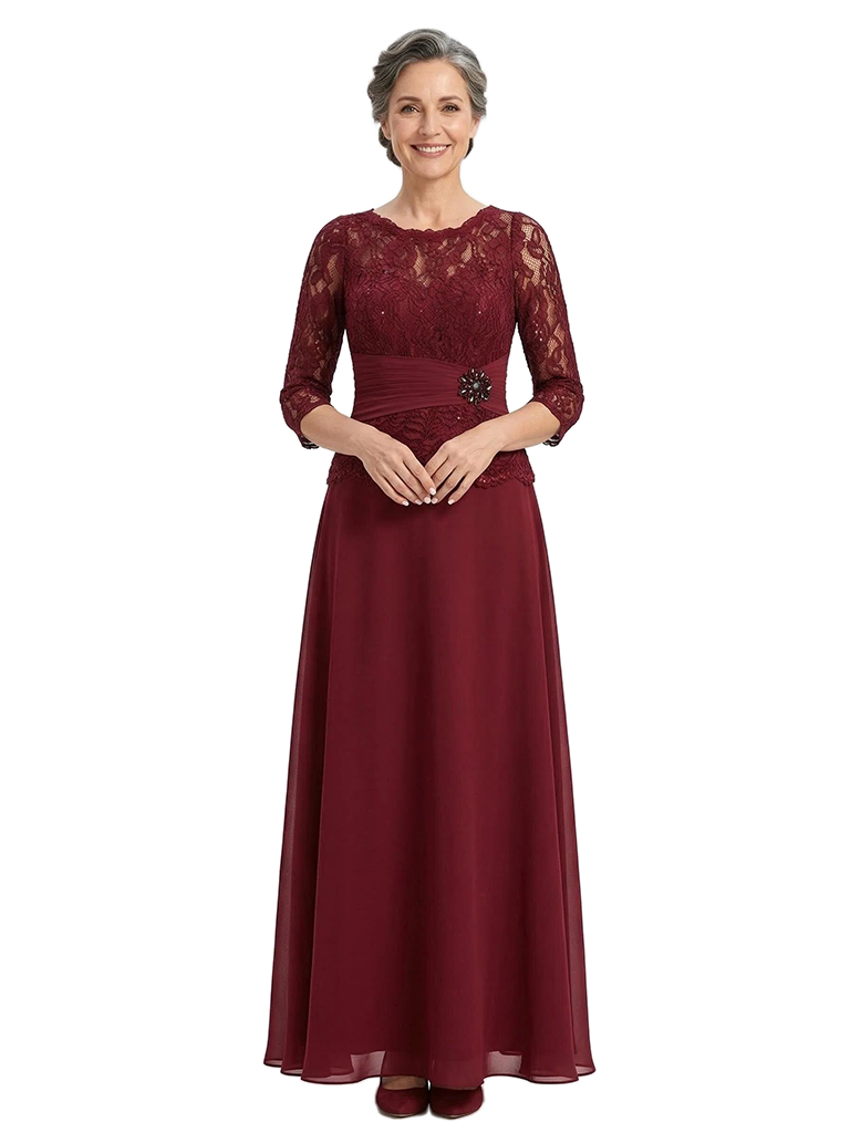 ChicSew Jewel 3/4 Sleeve Lace Bodice Rhinestone Waist Floor Length Chiffon Formal Mother Of The Bride And Groom Dresses
