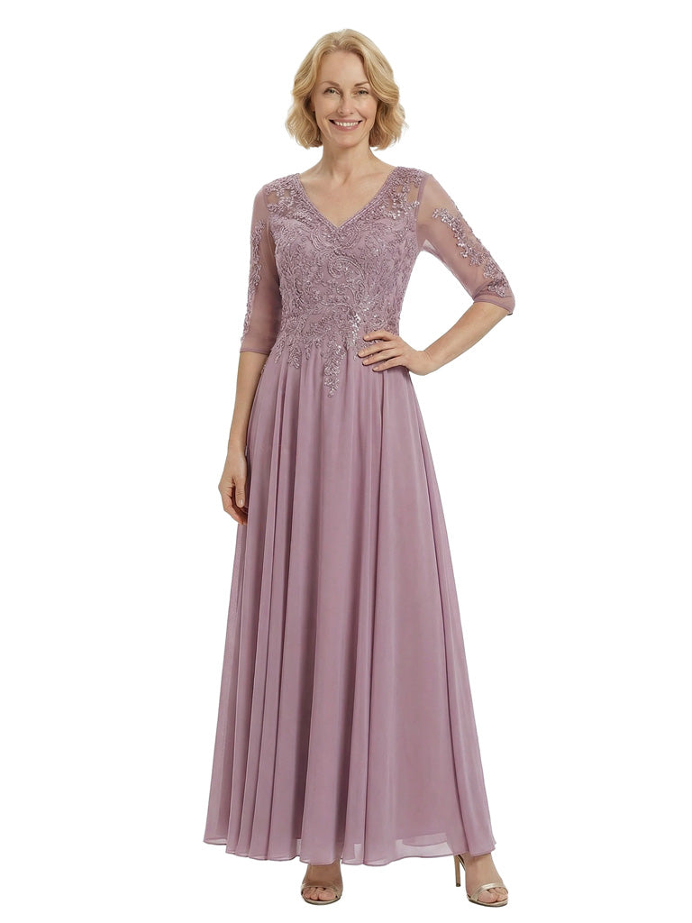 Elegant V-Neck Half Sleeves A-Line Chiffon Mother Of The Bride Dress