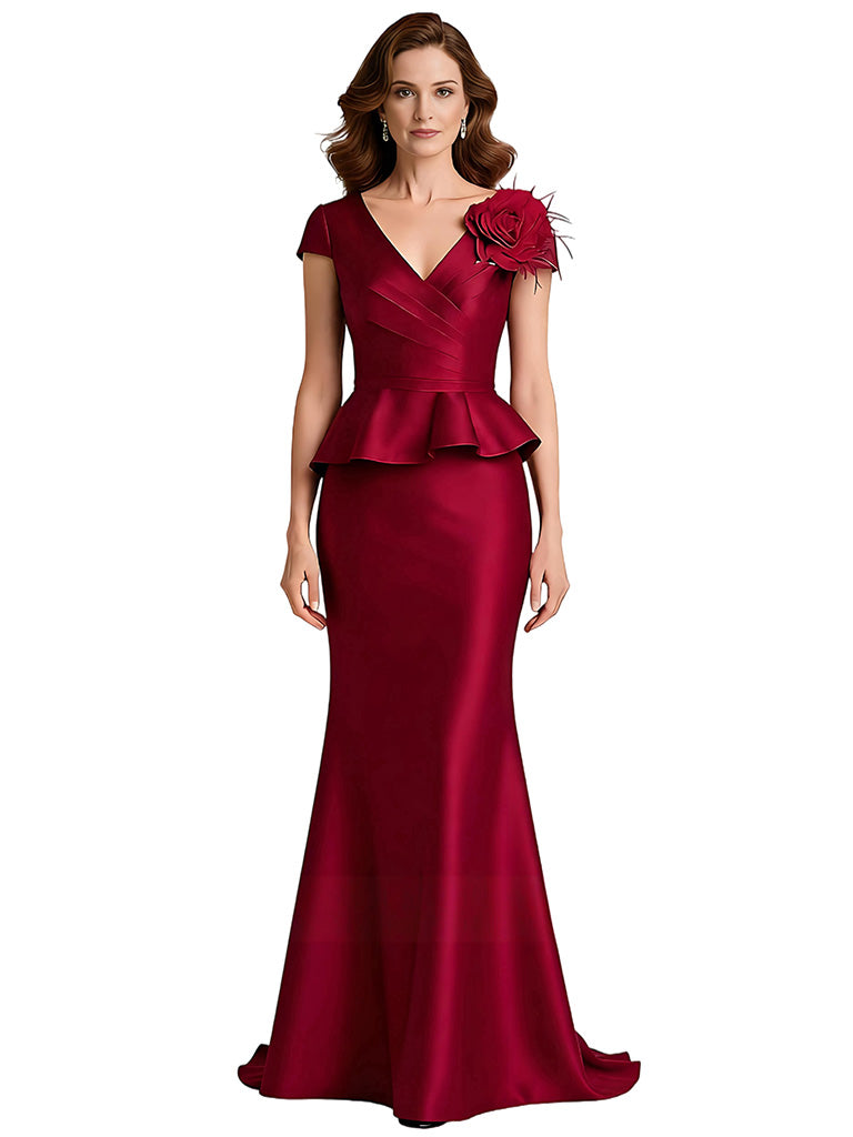 Elegant V-neck Cap Sleeves Mermaid Ruffles Long Mother of the Brides Dresses