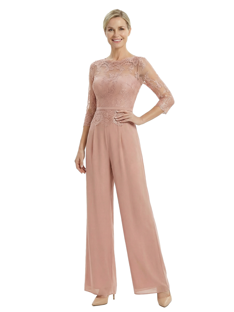 Chicsew Mother Of The Bride Pantsuit Modern Jewel Lace Chiffon Wide Leg Long Outfit Flowy Silhouette