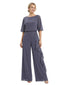 Gorgeous Mother of The Groom Unique Scoop Neck Half-Sleeve Chiffon Formal Wedding Pantsuit