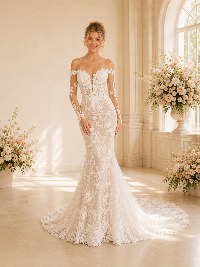 ChicSew Fancy V-Neck 3/4 Sleeves Lace Mermaid Long Wedding Dresses With Train