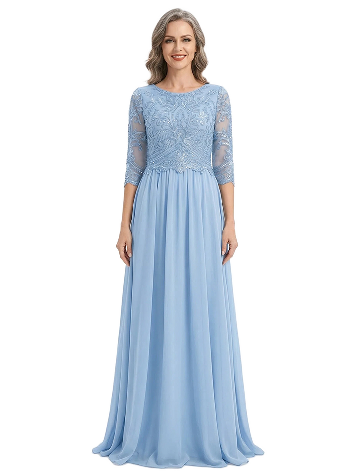 ChicSew Round Neck 3/4 Sleeve Beaded Lace Applique Ruched Waist Floor Length Chiffon Fancy Mother of the Bride Dresses