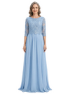 ChicSew Round Neck 3/4 Sleeve Beaded Lace Applique Ruched Waist Floor Length Chiffon Fancy Mother of the Bride Dresses