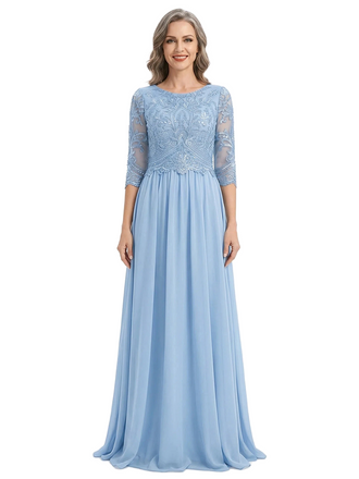 ChicSew Round Neck 3/4 Sleeve Beaded Lace Applique Ruched Waist Floor Length Chiffon Fancy Mother of the Bride Dresses