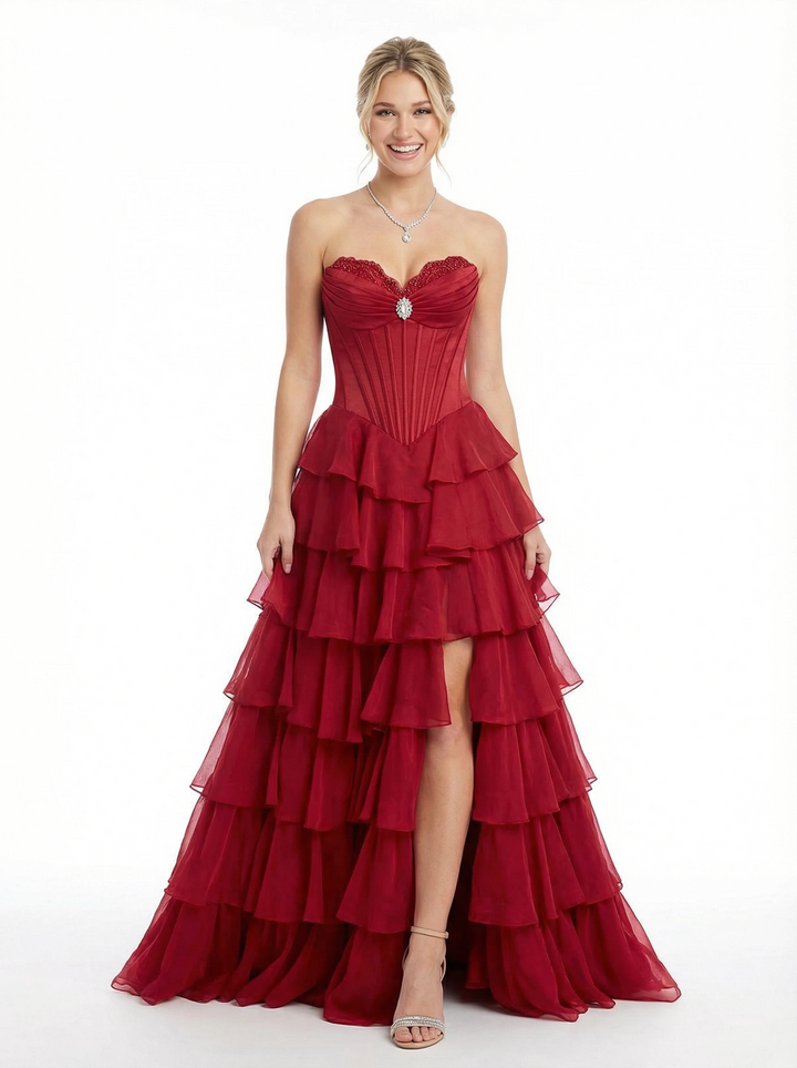 Modern Ruffle Chiffon Beaded Sweetheart Long Party Prom Dresses