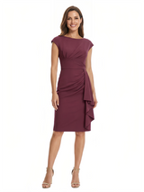 Chicsew Mother of The Bride Dress Beautiful Jewel Cap Sleeve Crepe Sheath Midi Gown Ruffled Stylish Design
