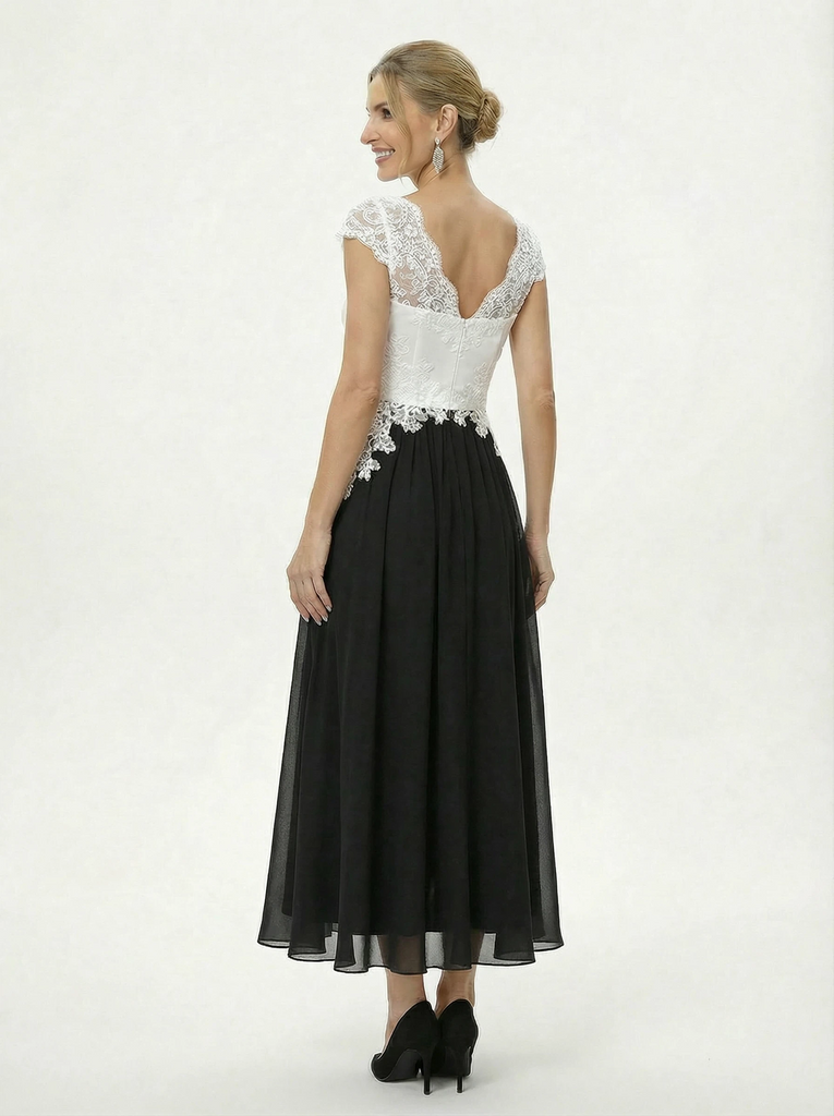 Elegant Black And White Chiffon V-Neck A-Line Cap Sleeves Ankle-Length Mother Of The Bride Dresses