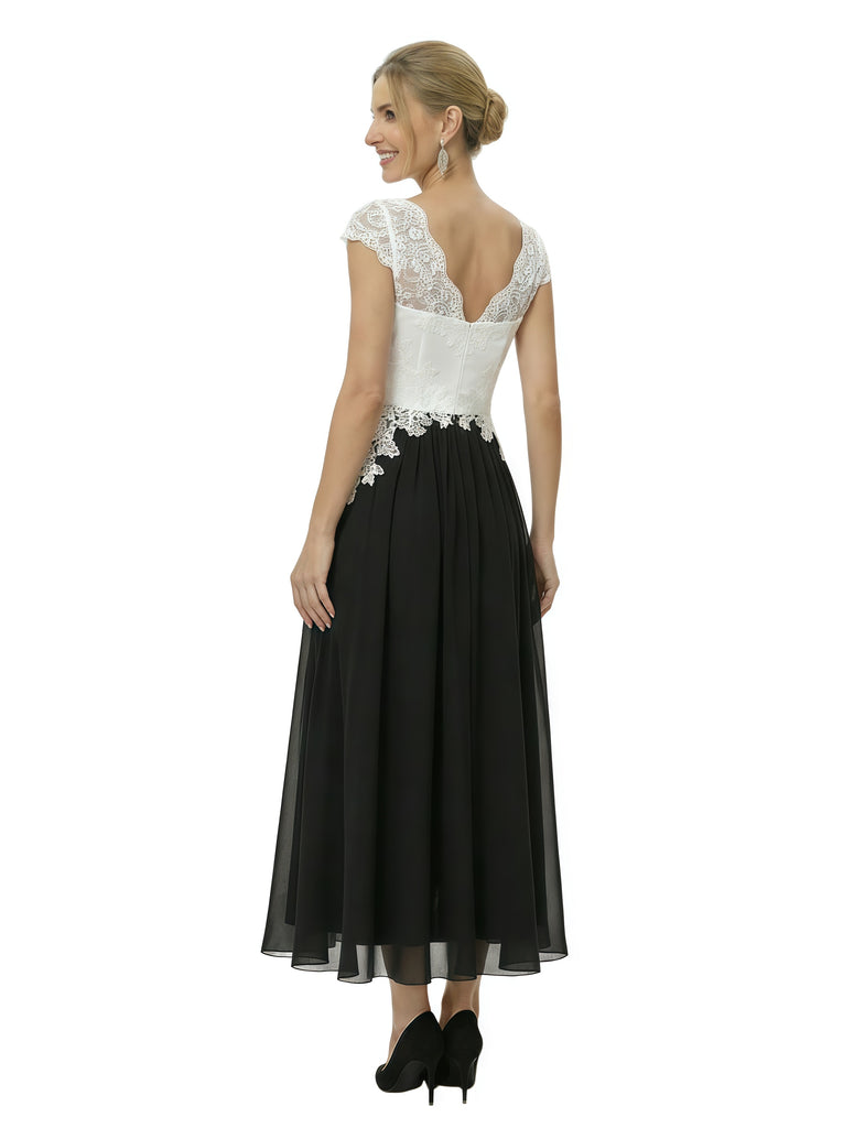 Elegant Black And White Chiffon V-Neck A-Line Cap Sleeves Ankle-Length Mother Of The Bride Dresses