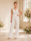 ChicSew Sleeveless Lace Bridal Jumpsuit Modern V Neck Wedding Outfit With Waist Sash And Wide Leg Pants