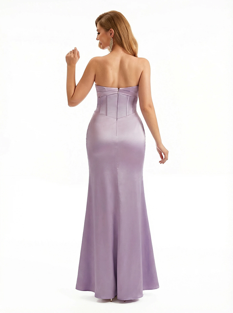 Women's Sexy Strapless Boning Mermaid Ruched Satin Long Formal Dresses Side Slit