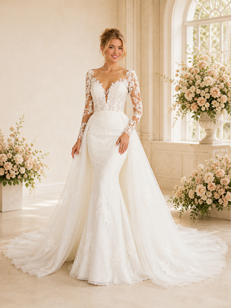 ChicSew Elegant V-Neck Long Sleeves Lace Open Back Mermaid Long Wedding Dress