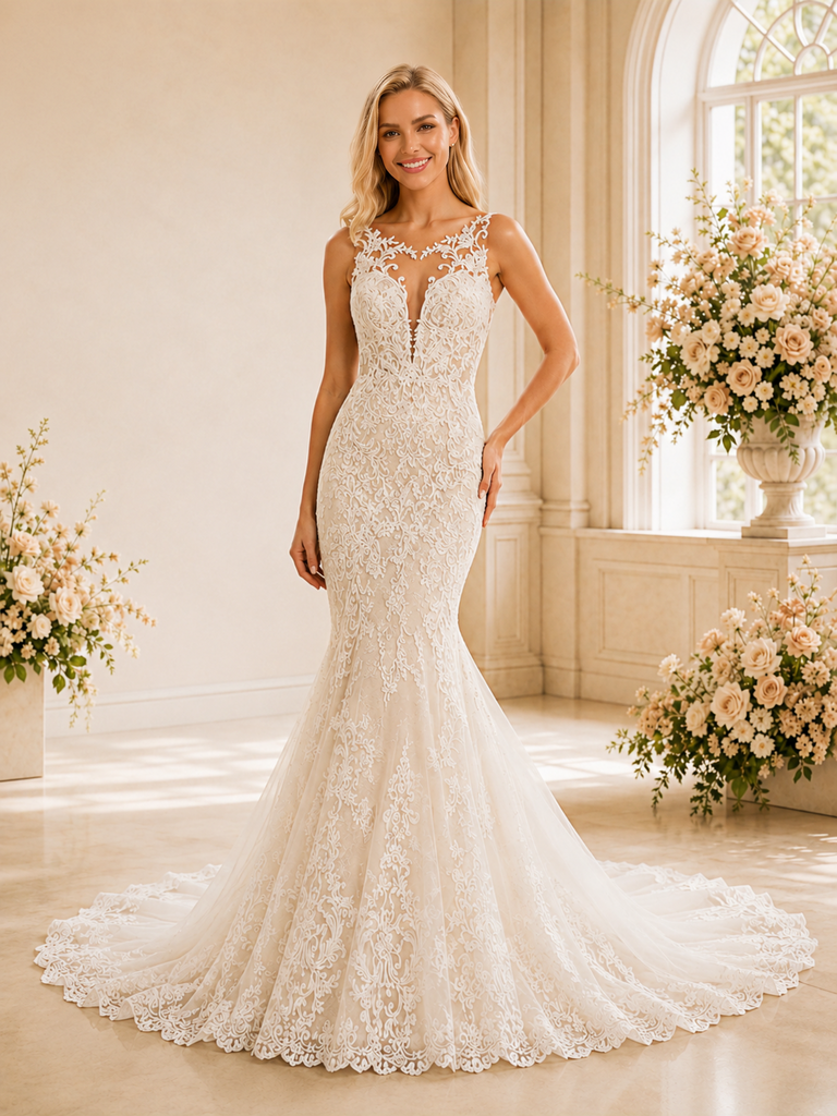 ChicSew Romantic Sleeveless Mermaid Lace Wedding Dress With Illusion Neck And Long Train