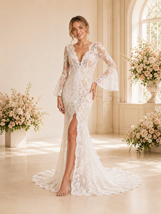 ChicSew Sexy Mermaid Long Sleeves V-Neck Long Wedding Dresses With Slit