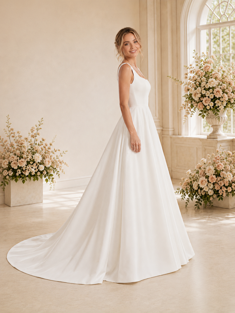 ChicSew Elegant Square Neck A-Line Crepe Floor-Length Wedding Dresses