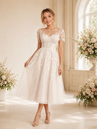 ChicSew Delicate Short Sleeve Lace Wedding Dress Lovely Tea-Length A-Line With Illusion