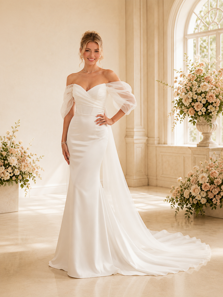 ChicSew Off The Shoulder V-Neck Satin Mermaid Floor-Length Wedding Dress With Train