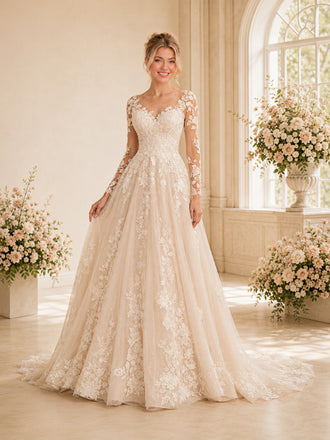 ChicSew Romantic Long Sleeves V-Neck Glitter Tulle Lace Appliques A-Line Wedding Dresses