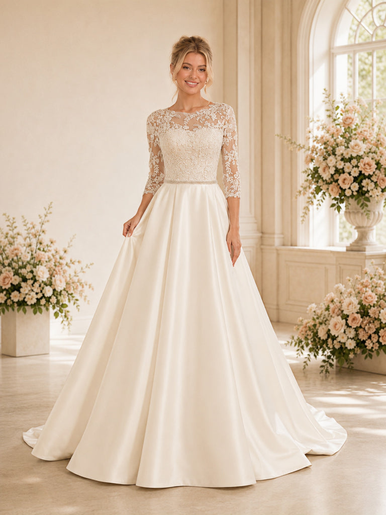 ChicSew Classic Bateau Lace 3/4 Sleeve Open Back Satin  A-Line  Wedding Dresses