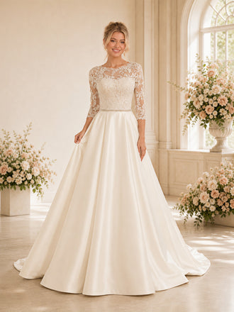 ChicSew Classic Bateau Lace 3/4 Sleeve Open Back Satin  A-Line  Wedding Dresses