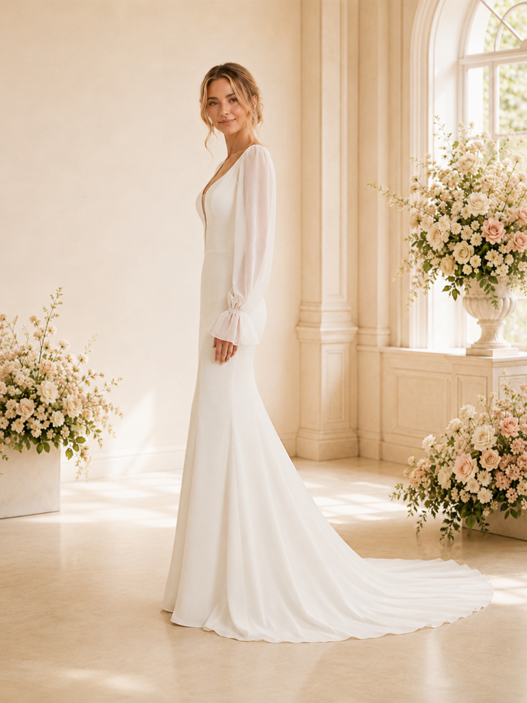 ChicSew Sexy Mermaid Crepe Deep V-Neck Long Tulle Sleeves Floor-Length Wedding Dress