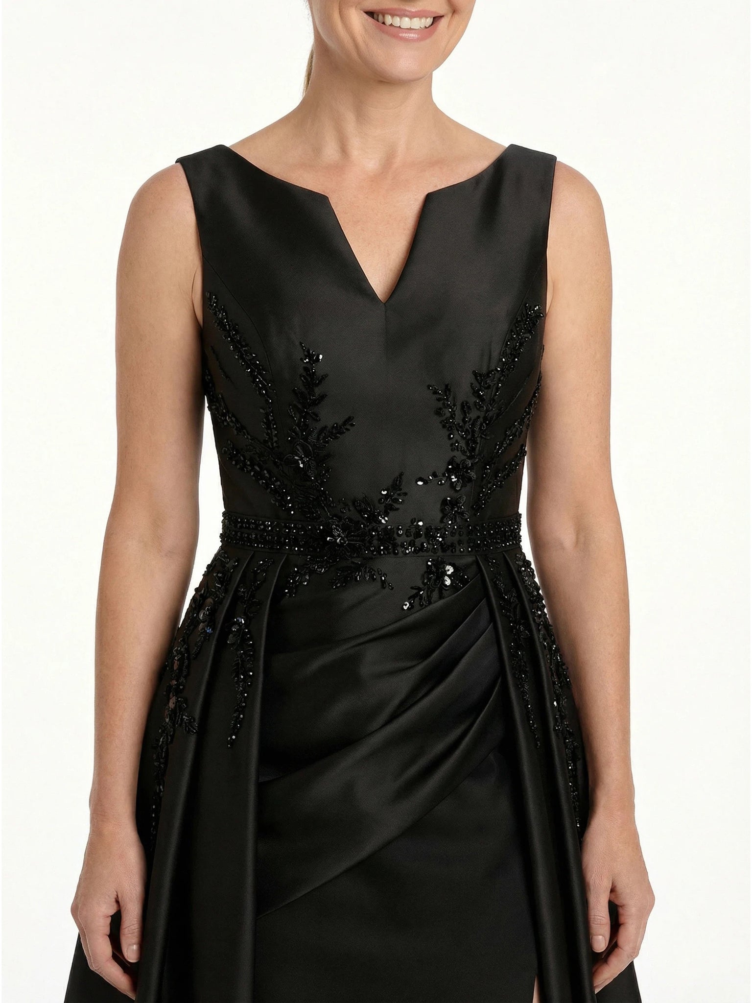 Chicsew V-Neck Sleeveless Beaded A-Line Floor Length Satin Formal Gown Elegant Mother of the Bride Dresses Overskirt