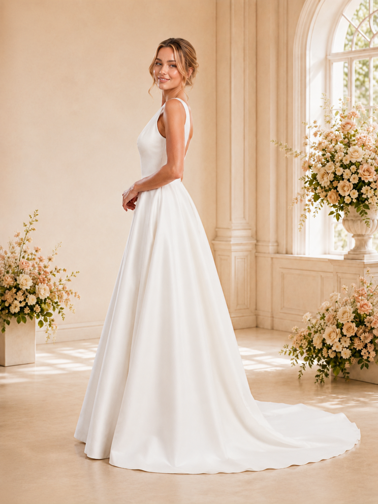 ChicSew Fancy Elegant A-Line V-Neck Satin Maxi Long Wedding Dress