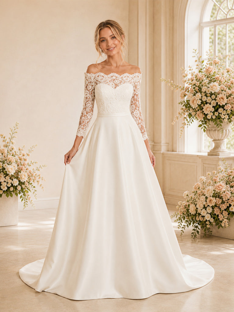 ChicSew Elegant Off Shoulder Lace Wedding Dress Classic A-Line Bridal Gown With 3/4 Sleeves And Train