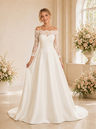ChicSew Elegant Off Shoulder Lace Wedding Dress Classic A-Line Bridal Gown With 3/4 Sleeves And Train