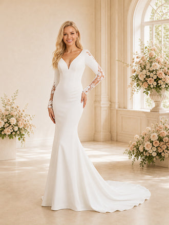 ChicSew Elegant V-Neck Long Sleeve Crepe Mermaid Foor-Length Wedding Dress With Train