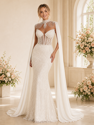 ChicSew Plunging High Neck Boning Chiffon Glitter Tulle Mermaid Wedding Dress With Beaded