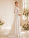 ChicSew Fancy Elegant Chiffon V-Neck Pleated A-Line Long Sleeves Maxi Wedding Dress With Applique