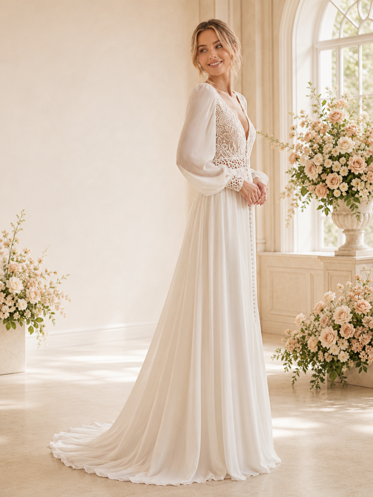 ChicSew Fancy Elegant Chiffon V-Neck Pleated A-Line Long Sleeves Maxi Wedding Dress With Applique
