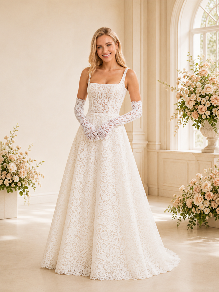 ChicSew Unique Elegant Square Neck A-Line Lace Tulle Maxi Wedding Dresses
