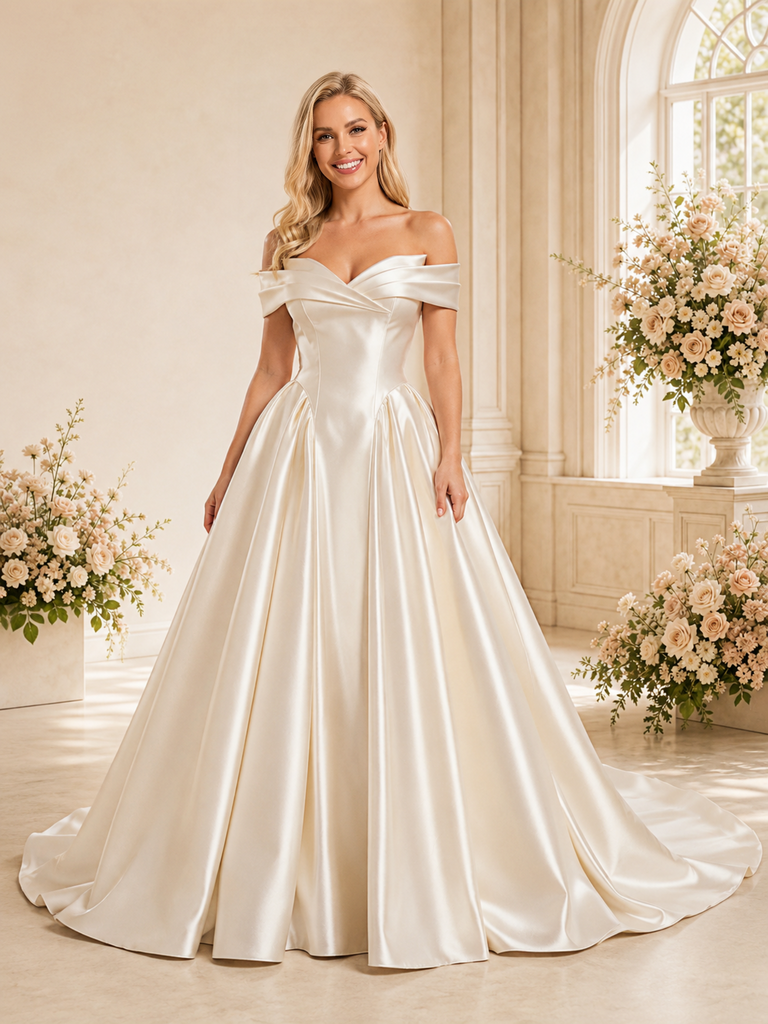 ChicSew Classy Elegant Off The Shoulder Satin A-Line Maxi Long Wedding Dress With Flower