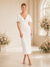 Chicsew Fancy V-Neck Short Sleeves Sheath Tea-Length Crepe Wedding Dress