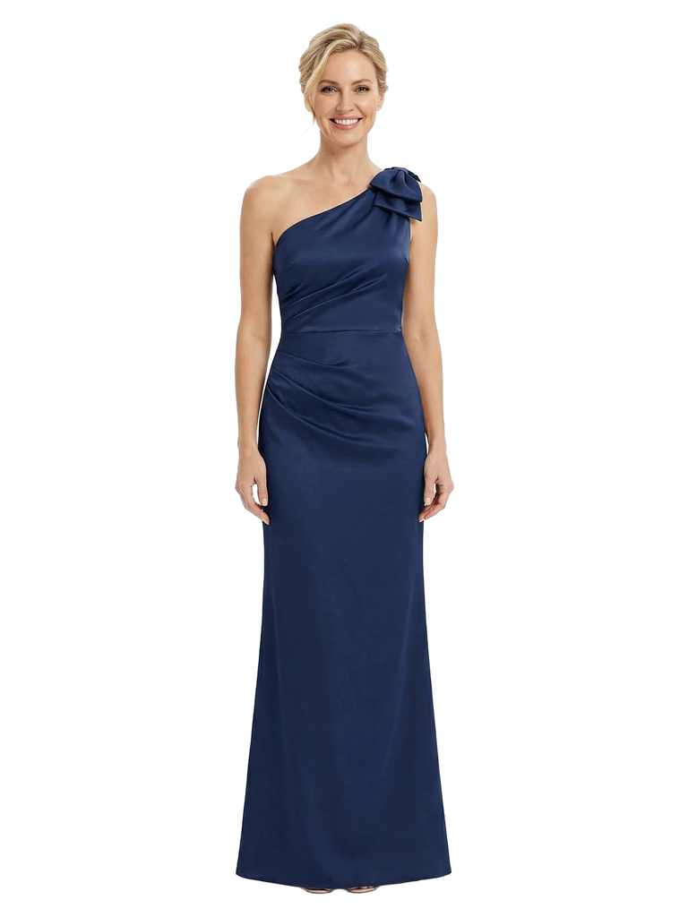 Chicsew Mother of The Bride Dresses One Shoulder Sleeveless Satin Bow Knot Maxi Gown Classy Formal Wedding Dress