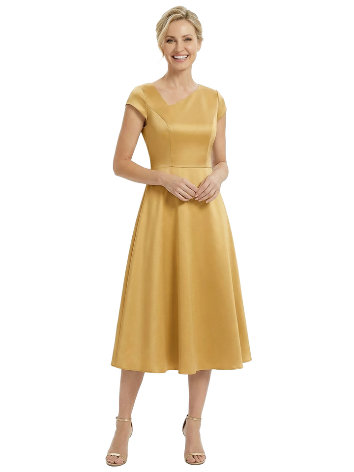 Chicsew Elegant Cap Sleeves Tea-Length Satin A-Line Mother of The Bride Dresses