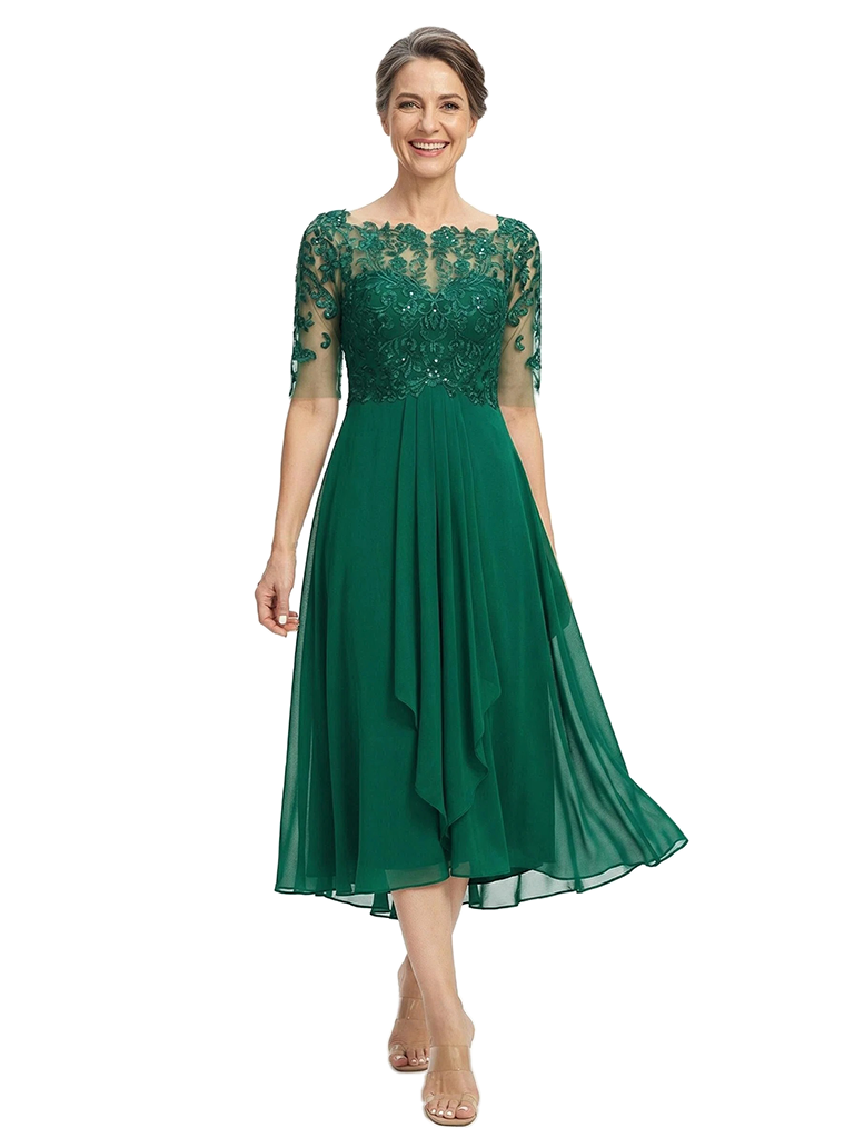 ChicSew Jewel Half Sleeve Lace Ruched Tea Length Chiffon Mother Of The Bride Dresses