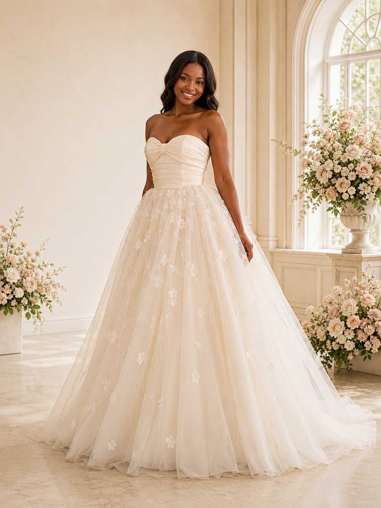ChicSew Elegant A-Line Sweetheart Tulle Maxi Long Wedding Dress With Lace Applique