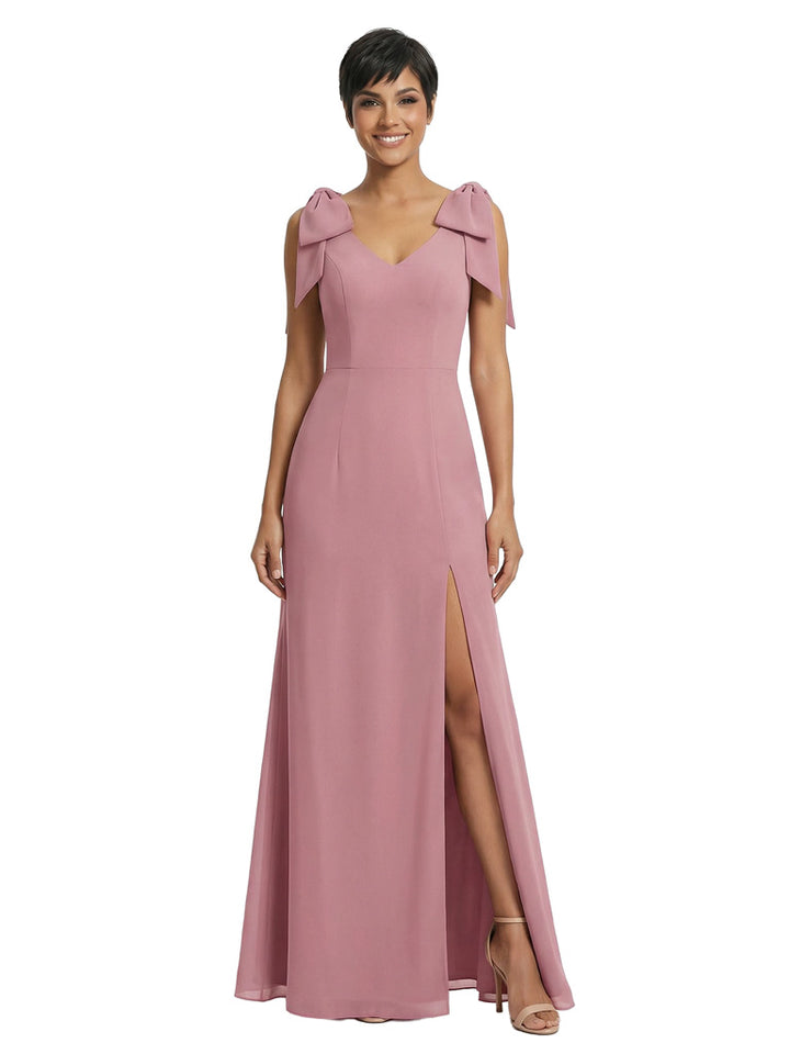 Pretty V-Neck Chiffon Maxi Evening Gown with Bow ShoulderMother of The Bride Dress Slit