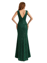 Shiny Spaghetti Straps Mermaid Glitter Jersey Side Slit Maxi Formal Dresses For Women