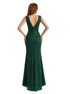 Shiny Spaghetti Straps Mermaid Glitter Jersey Side Slit Maxi Formal Dresses For Women
