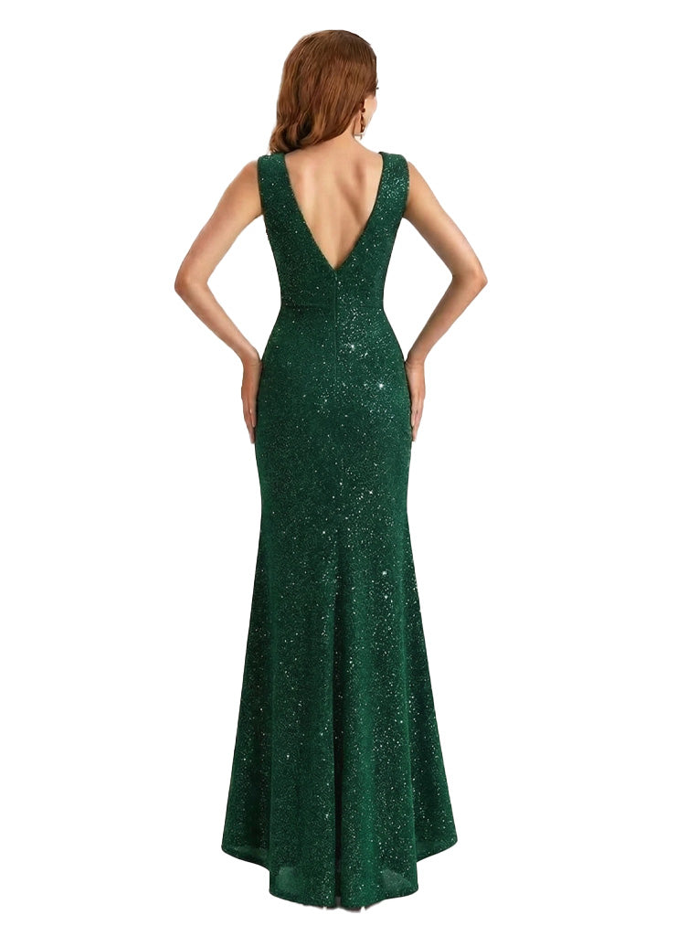 Shiny Spaghetti Straps Mermaid Glitter Jersey Side Slit Maxi Formal Dresses For Women