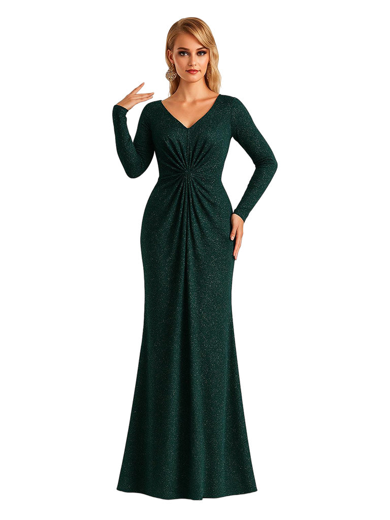 Elegant V-neck Long Sleeves Glitter Jersey Mermaid Floor Length Evening Formal Dresses